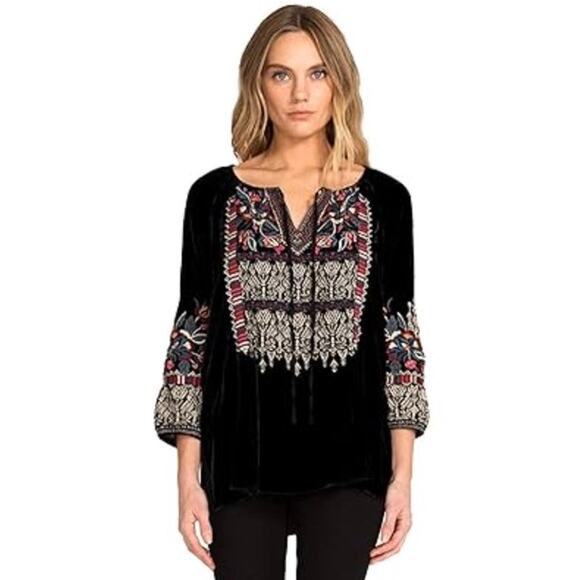 Johnny Was Women’s L Black Velvet Silk Embroidered 3/4 Sleeve Tie Blouse Top - Picture 1 of 7